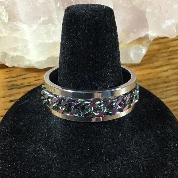 Silver Stainless Steel Rainbow Fidget Chain Band Ring - Picture 1 of 5